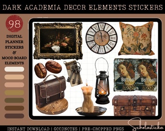 May include: A set of 98 digital planner stickers and mood board elements in a dark academia theme. The stickers feature images of a clock, a lantern, a book, a coffee bean, a satchel, a painting, a pillow, and a chest. The stickers are perfect for adding a touch of vintage charm to your digital planner or mood board.