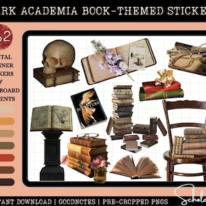 Autocollants numériques Dark Academia - Ensemble sur le thème du livre, 162 pièces - Autocollants GoodNotes pré-recadrés - Autocollants Mood Board - Autocollants iPad Planner