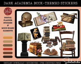 May include: A set of 162 digital planner stickers and mood board elements with a dark academia theme. The stickers feature books, a skull, glasses, a chair, and other book-themed elements.