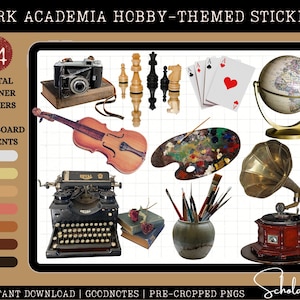 Autocollants numériques Dark Academia - Ensemble sur le thème des loisirs, 74 pièces - Autocollants GoodNotes pré-recadrés - Autocollants Mood Board - Autocollants iPad Planner