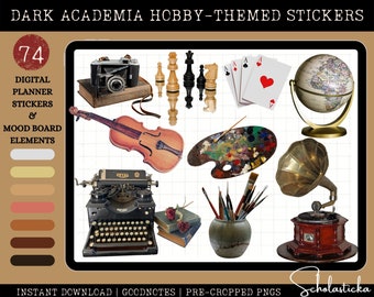 May include: A set of 74 digital planner stickers and mood board elements with a dark academia theme. The stickers feature images of a typewriter, a violin, a paint palette, a globe, a gramophone, chess pieces, playing cards, and a rose.