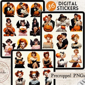 Adesivos GoodNotes, Halloween retrô | 36 PNGs, estética vintage, adesivos de planejador digital, estética de planejador, adesivos pré-cortados, PNG