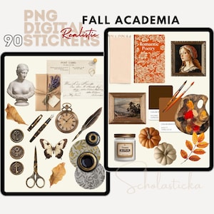 Ensemble d'autocollants réalistes automne Academia - fichier PNG et Goodnotes - Stickers Dark Academia Mood Board - 300 DPI - Stickers agenda numérique
