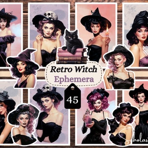 Retro Witch Junk Journal Cards and Ephemera, Pink Halloween, Junk Journal Kit, Collage Kit, Scrapbook supplies, Printable Cards, ACT Cards