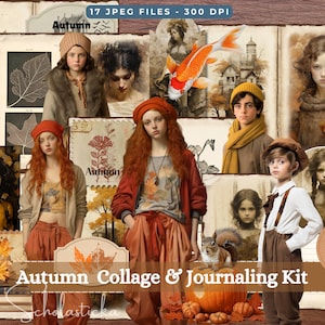 Vintage Autumn Junk Journal - Printable JPG Collage Pages with Tags, Ephemera, Art Dolls - Fall Scrapbooking Kit - Autumn Digital Scrapbook