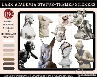 May include: 180 digital planner stickers and mood board elements featuring white plaster statues of various figures, including a bust, a winged figure, a cupid, and a head with a snake. The stickers are pre-cropped and ready for instant download.
