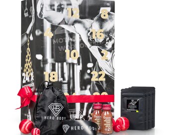 Fitness Adventskalender 2023 für Frauen Männer 24 Video-Workouts Fitness Tools Snacks Proteinpulver & Riegel Gewürzmischungen, Bio und vegan