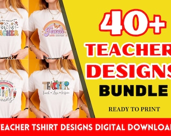 May include: A digital download bundle of 40+ teacher t-shirt designs. The designs feature colorful illustrations and text, such as "Teach Love Inspire" and "It's a good day to teach tiny humans".