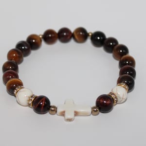 Handmade Tiger Eye & Cross Beaded Bracelets | Faith Jewelry | Christian Gift | Natural Gemstone Stretch Bracelet