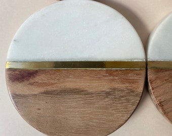 White Marble and Wood Coaster Set of 4, Round Wooden Brass Coasters, Modern Decorative  Coasters, Stone Coasters, Housewarming Gift