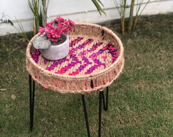 Pink Chindi Metal Small Table, Jute Weave Handwoven Table, Small Round Metal Leg Table, Handmade Table, Housewarming Gift