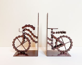 Sujetalibros de cobre con cadena de bicicleta, extremos de sujetalibros modernos, decoración de estante única con extremo de libro, soporte para libros, tapón para libros, regalo de inauguración de la casa