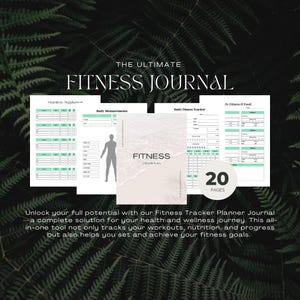 Może przedstawiać: Dziennik fitness z tytułem "THE ULTIMATE FITNESS JOURNAL" w kolorze białym. Zawiera strony do śledzenia witamin, pomiarów ciała i codziennej sprawności fizycznej. Dziennik ma 20 stron. Tło to ciemnozielony wzór liści.