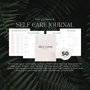 以下が含まれることがあります： 「SELF CARE JOURNAL」の文字が入ったソフトカバーのセルフケアジャーナル。スキンケア習慣、ルーティン、ライフバランス、気分を記録するためのページが含まれています。このジャーナルは50ページで、内省とバランスの取れた生活に役立つように設計されています。