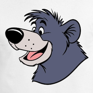 May include: White t-shirt featuring a cartoon illustration of Baloo the bear from The Jungle Book. The bear is depicted with a gray face, black nose, and a smiling expression. The shirt is made of a soft, comfortable material.