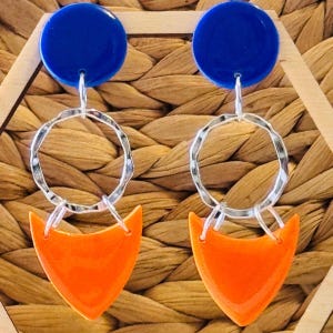 Blue and Orange Hoop and Drop - handmade polymer clay earrings
