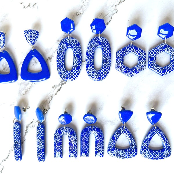 Spanish Tile collection 2 (royal blue and white) - handmade polymer clay earrings