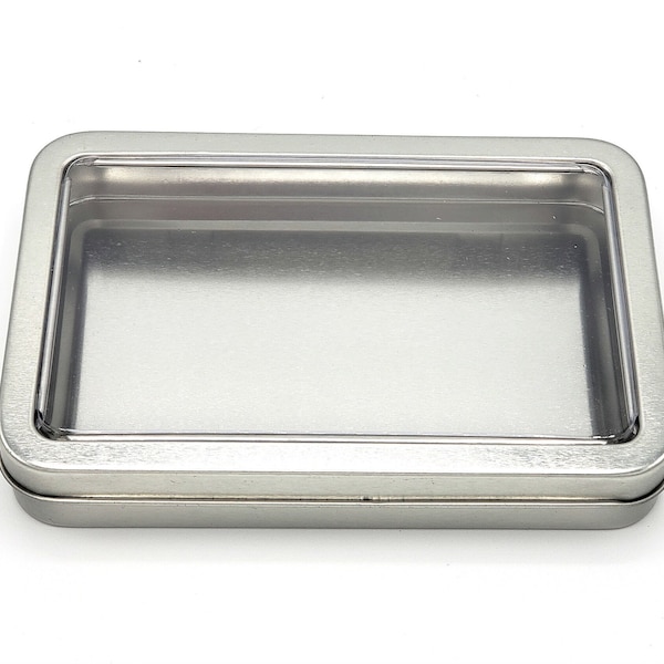 Silver windowed empty hinged tin with lid, rectangular metal en plein air watercolor palette art supply container gift for artist full pans