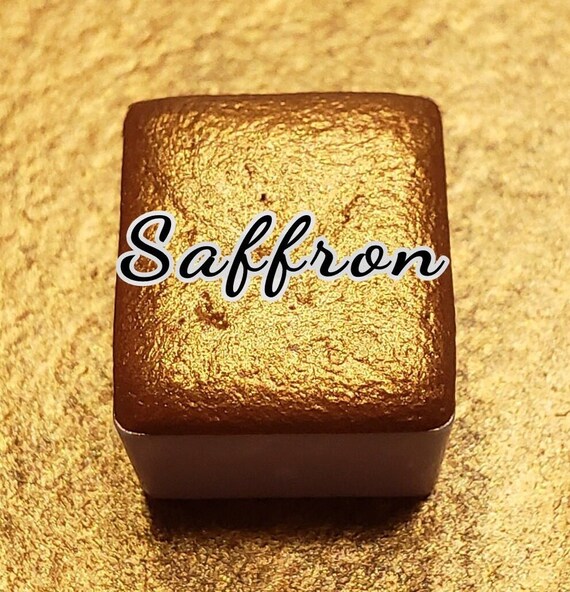 Saffron mica metallic watercolor, sparkly colorshift handmade art gift for artists in calligraphy, hand lettering, junk journaling, painting