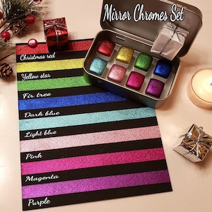 Mirror Chrome mica metallic watercolor, sparkly colorshift handmade palette gift for artists in calligraphy, hand lettering, junk journaling