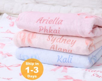 Personalized Baby Girl Blanket, Custom Name Minky Blanket, Bowtie Gift