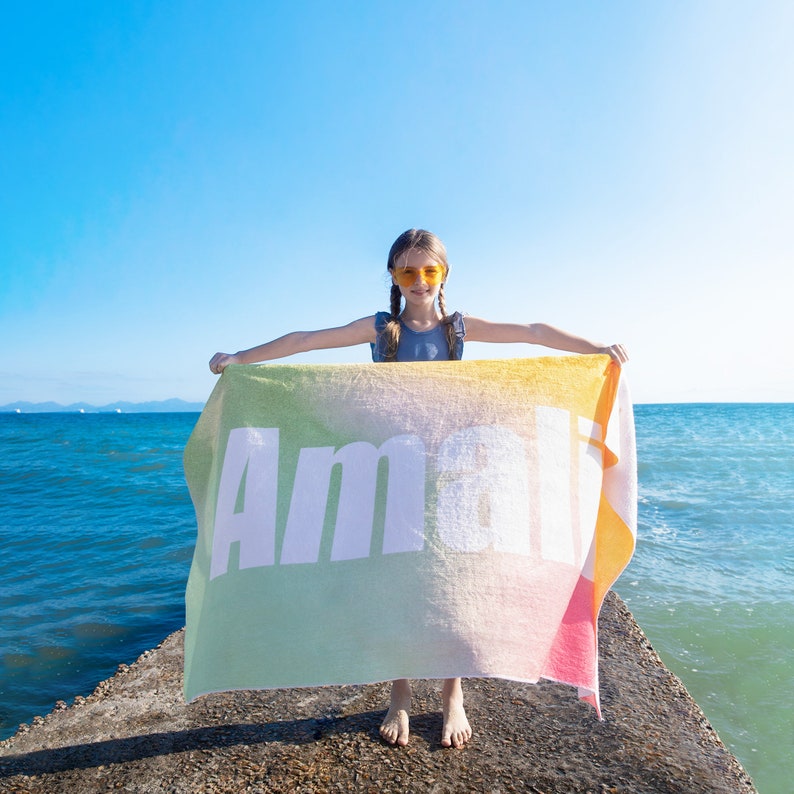 Personalized Ombre Beach Towel with Name, Custom Beach Towel for Kids/Youth/Adult, Colorful Polyester Bath Towel, Monogram Pool Towel image 3