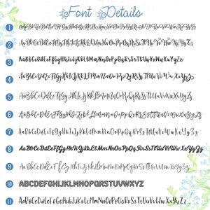 Pode incluir: Uma tabela intitulada Font Details exibindo onze op&ccedil;&otilde;es distintas de fontes pretas numeradas de um a onze. Cada linha apresenta o alfabeto completo em mai&uacute;sculas e min&uacute;sculas em um estilo de escrita cursiva ou de bloco &uacute;nico sobre um fundo branco.