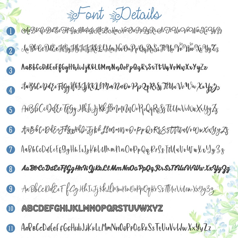 Pode incluir: Uma tabela intitulada Font Details exibindo onze op&ccedil;&otilde;es distintas de fontes pretas numeradas de um a onze. Cada linha apresenta o alfabeto completo em mai&uacute;sculas e min&uacute;sculas em um estilo de escrita cursiva ou de bloco &uacute;nico sobre um fundo branco.
