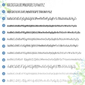 May include: A chart displaying twelve distinct black font styles labeled 12 through 23, each showcasing the full alphabet in both uppercase and lowercase letters. The list includes various serif, sans-serif, and cursive typefaces on a white background.