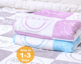 Personalized Happy Face Flannel Blanket, Custom Name, Birthday Gift