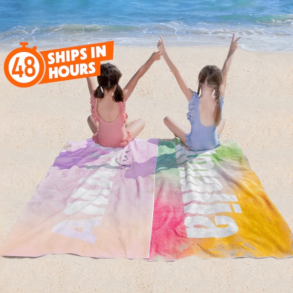 Personalisiertes Ombre Strandtuch mit Name, individuelles Strandtuch für Kinder/Jugendliche/Erwachsene, Buntes Polyester Badetuch, Monogramm Pooltuch