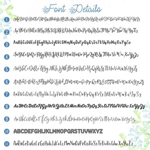 May include: A chart titled Font Details displaying eleven distinct black typeface options numbered one through eleven. Each row presents the full uppercase and lowercase alphabet in a unique script, cursive, or block style font against a white background.