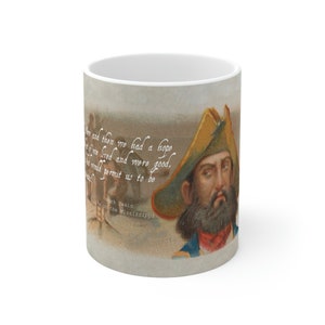 May include: White ceramic mug with a vintage illustration of a man in a yellow and green hat. The quote "and then we had a hope that if we lived and were good, God would permit us to be..." by Mark Twain is printed on the mug.