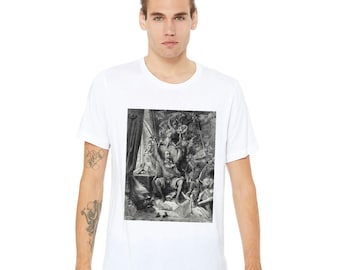 May include: A white short-sleeved t-shirt featuring a large, detailed black and white graphic print on the chest. The illustration depicts a complex historical or literary scene with multiple figures, architectural elements, and intricate shading.