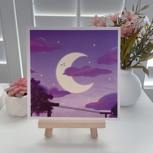 Impression d’Art Crépuscule Croissant de Lune | 14,8 cm x 14,8 cm | Esthétique | Art mural rêveur