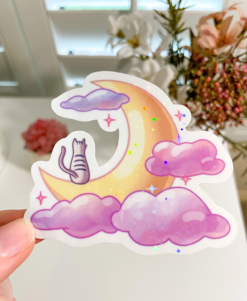 Cloudy Moon Holographic Sticker Die Cut Vinyl Sticker Aesthetic Dreamy ...