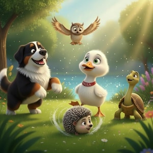 May include: A cartoon illustration featuring a black, white, and brown dog, a white duck wearing a red collar with the name PAULA, a small brown hedgehog, a green turtle, and a brown owl flying above in a sunny, grassy outdoor setting.