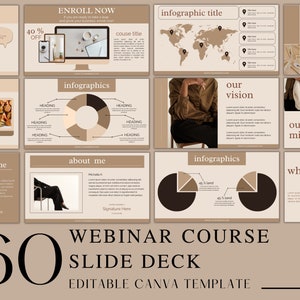 May include: A 60-slide webinar course deck template for Canva. The template features a brown and beige color scheme with a modern minimalist design. The slides include titles such as "infographics", "about me", "our vision", and "whats next?"