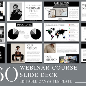 Puede incluir: Una plantilla de presentación en blanco y negro para un curso de seminario web. La plantilla incluye diapositivas con texto, imágenes e infografías. El texto incluye las palabras "Webinar Course", "Slide Deck", "Editable Canva Template", "Let's Talk About", "Webinar Title", "Enroll Now", "What's Next?", "Infographic", "Our Vision", "Our Mission", "Course Title", "Market Research", "Register Now", and "40% Off".
