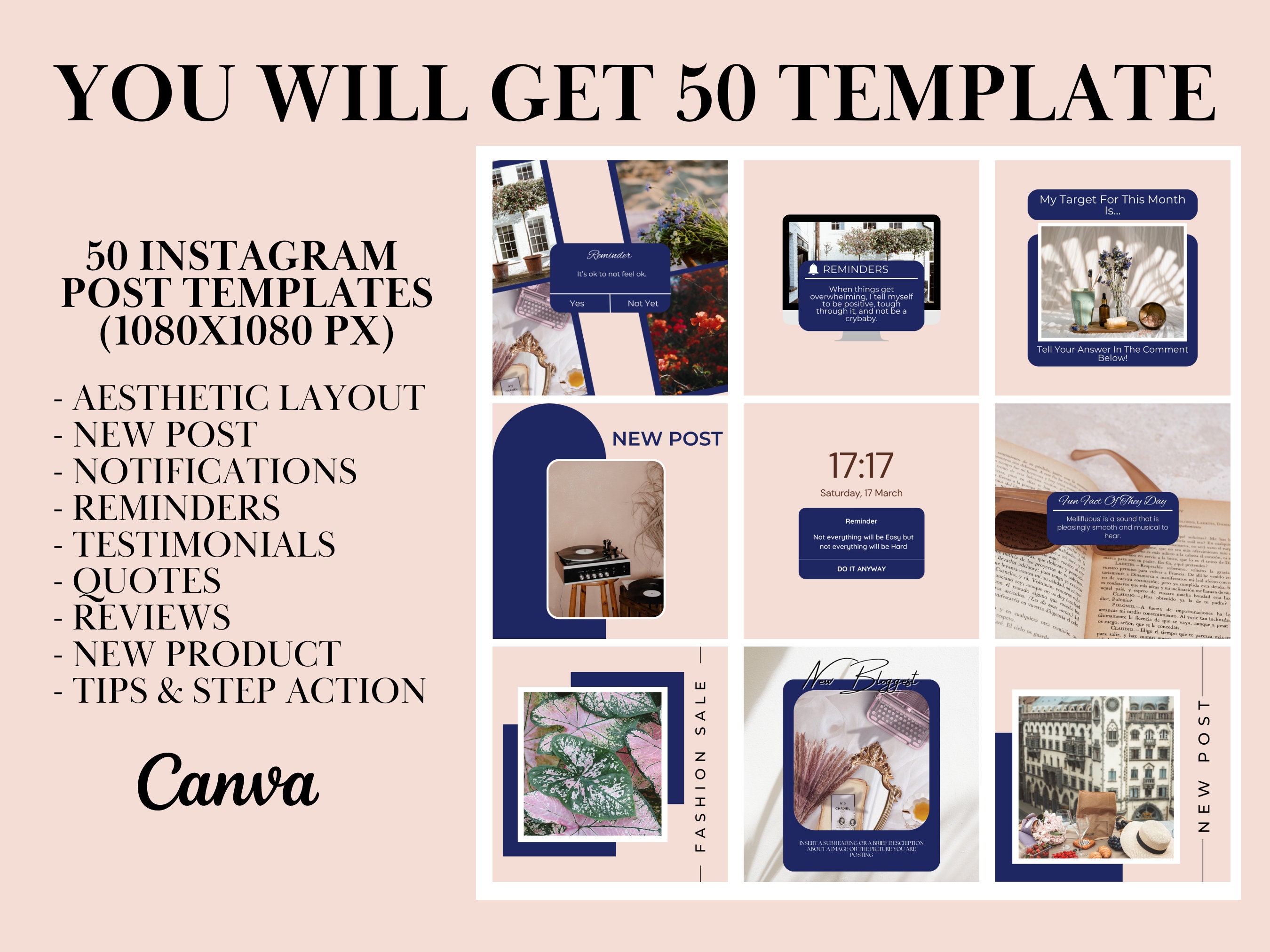 50 Rose Gold Instagram Post Canva Template for Course Creators and ...