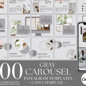 May include: A set of 100 gray Instagram carousel templates for Canva. The templates are designed for social media marketing and include text boxes, images, and icons. The text on the image reads "100 Gray Carousel Instagram Templates - Canva Template - Post combined into 20 seamless carousel."