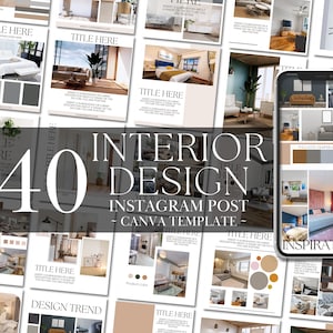 Könnte beinhalten: Eine Collage aus 140 Instagram-Post-Vorlagen für Canva zum Thema Innendesign. Die Vorlagen zeigen verschiedene Innendesignstile, Farbpaletten und Designtrends. Der Text "INTERIOR DESIGN" ist prominent in der Mitte der Collage platziert.