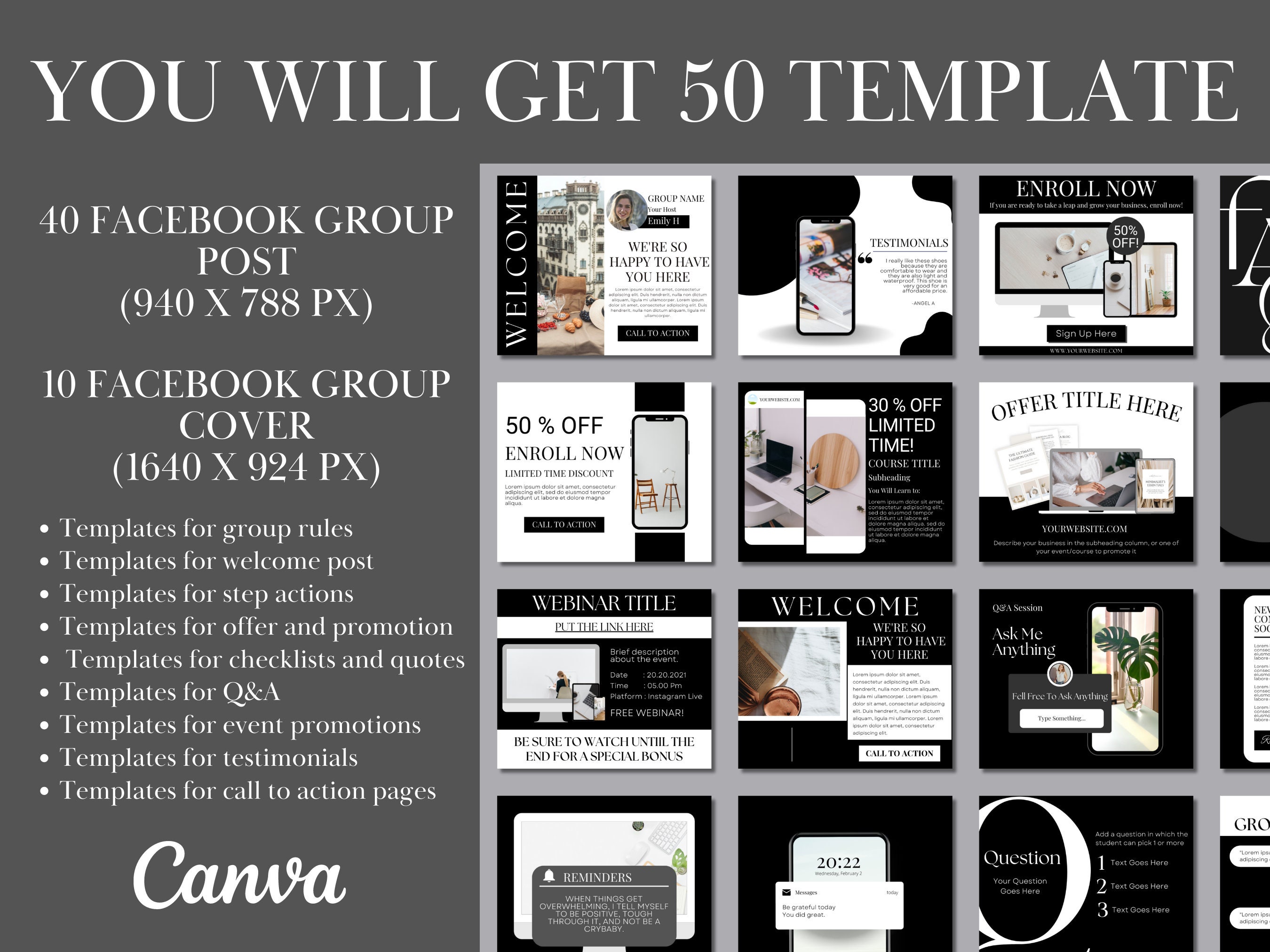 50 Black and White Facebook Group Engagement Post Template for Course ...