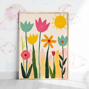 Cheerful Floral Digital Print, Playful Flower Art Download, Bright Colorful Wall Decor, Modern Botanical Design, Printable Summer Art