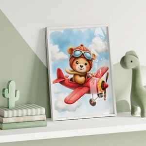 Cute Teddy Bear Pilot in Airplane Wall Art, Digital Download, Nursery Decor, Kids Room Art, Animal Aviation Print, Whimsical Illustration