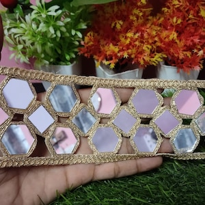 Gold Mirrorwork Sari Trim: Geometric Indian Cutwork Lace, DIY Sewing Border