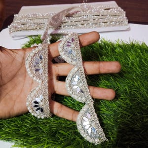 Linda videira Zari e espelho cutwork, guarnição glamourosa de sari, renda dupatta indiana, borda de decoração de costura DIY por quintal
