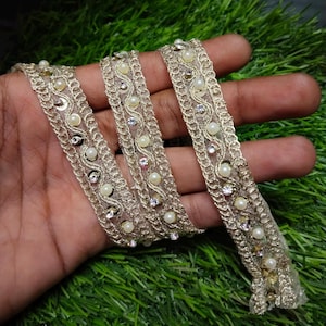 9 iarde - pizzo con perle dorate smerlate strette, pizzo con nastro per bordatura di abiti da sari Dupatta, pizzo indiano ricamato, cucito fai da te