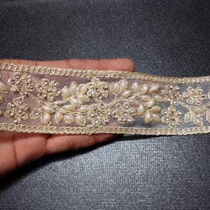 Gold Zari Net Fabric Trim: Crystal, Stone, Pearl Sari Border