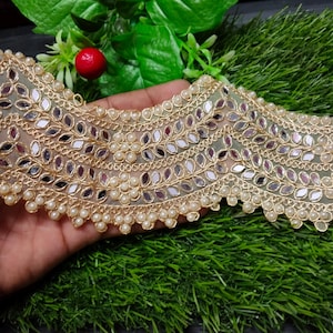 Zardozi Sari Lace: Creme Golden Mirror, Zircon & Pearl Embroidered Trim